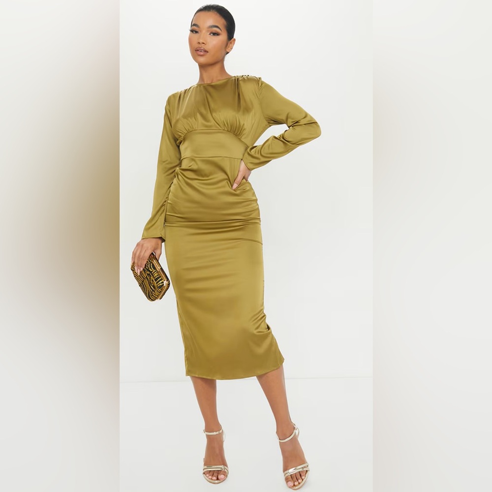 Pretty Little Thing Olive Satin Long Sleeve Bust Seam Midi Dress